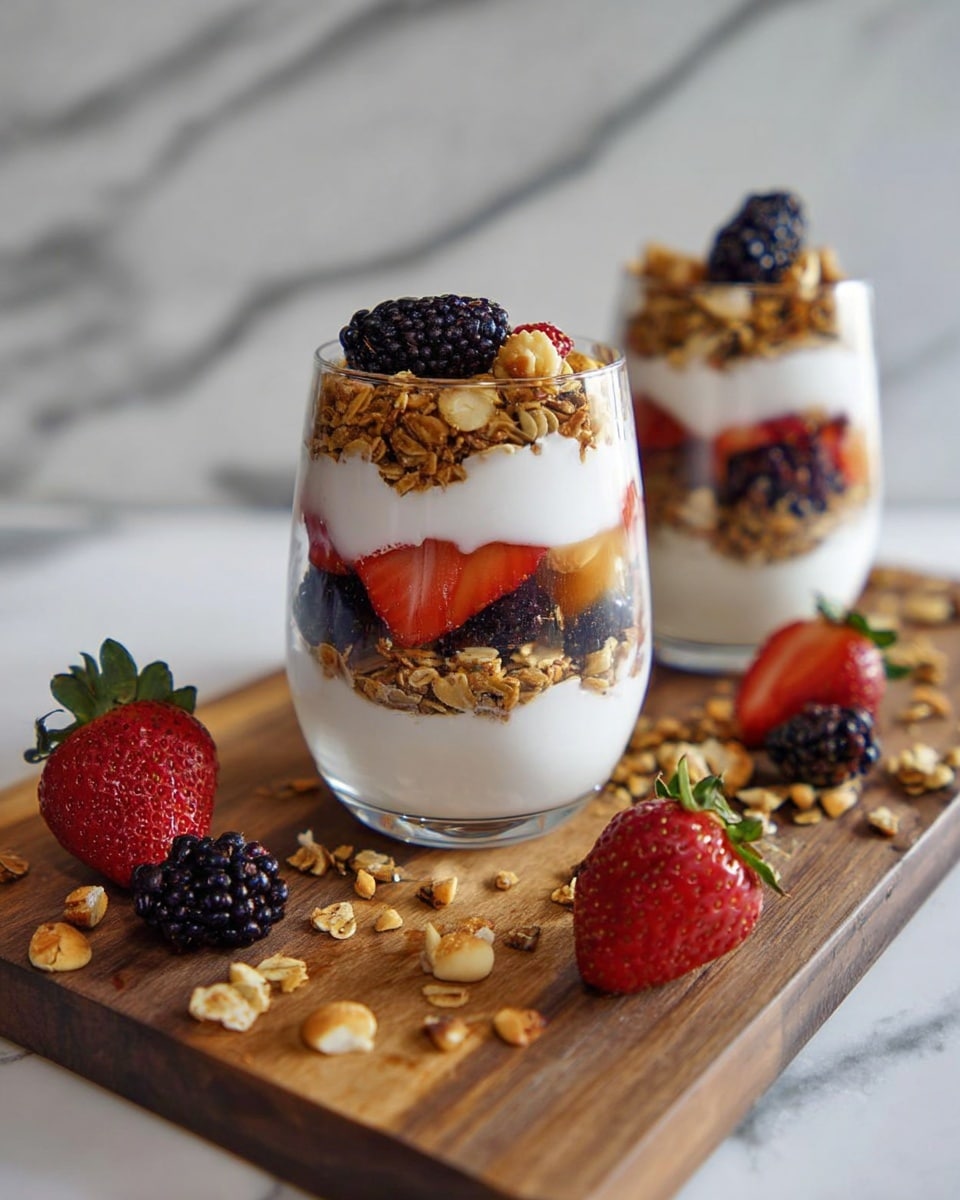 The image shows two clear glasses with three visible layers each. The bottom layer is white yogurt, followed by a middle layer of golden brown granola mixed with small nut pieces and dried fruits. Above that is another thick white yogurt layer, topped with more granola mixed with halved red strawberries and whole blackberries. Around the glasses on a wooden board are scattered granola pieces, whole strawberries, and a blackberry. The scene is set against a white marbled surface. Photo taken with an iphone --ar 4:5 --v 7