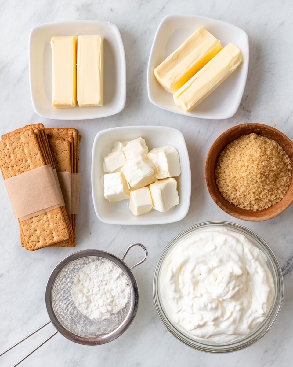 The image shows several ingredients arranged neatly on a white marbled surface. There are two stacks of rectangular light brown crackers wrapped in brown paper placed on the left side. A square white dish with two pale yellow butter sticks is at the top left, and next to it is a small oval white dish holding white cubes of cream cheese. Below the cream cheese, there is another square white dish with two more sticks of light yellow butter. A small round wooden bowl filled with crumbled light golden brown brown sugar is at the top right. In the center is a clear glass bowl with a fine mesh strainer holding white powdered sugar. At the bottom right, there's a round white bowl filled with smooth white whipped cream. Photo taken with an iphone --ar 4:5 --v 7