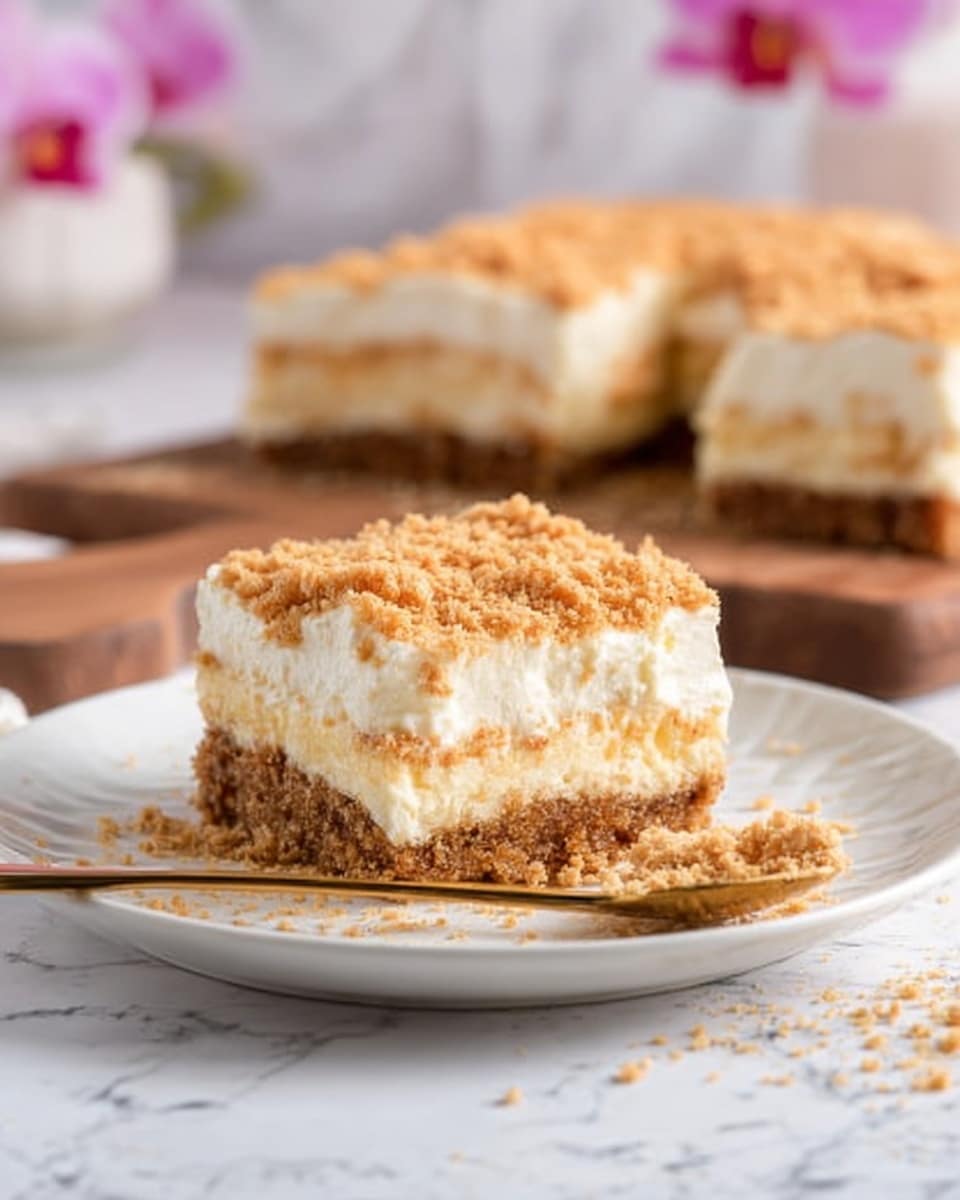The image shows a square slice of a creamy layered dessert on a white plate placed on a white marbled surface. The dessert has three layers: a thick bottom layer of crumbly brown crust, a thick middle layer of light, fluffy cream with a smooth texture, and a top layer of scattered fine crumbs matching the crust in color. A gold spoon rests on the plate with a small piece of the dessert on it. In the background, more slices of the dessert sit on a wooden board, and there is a soft pink orchid flower blurred in the far background. Photo taken with an iphone --ar 4:5 --v 7
