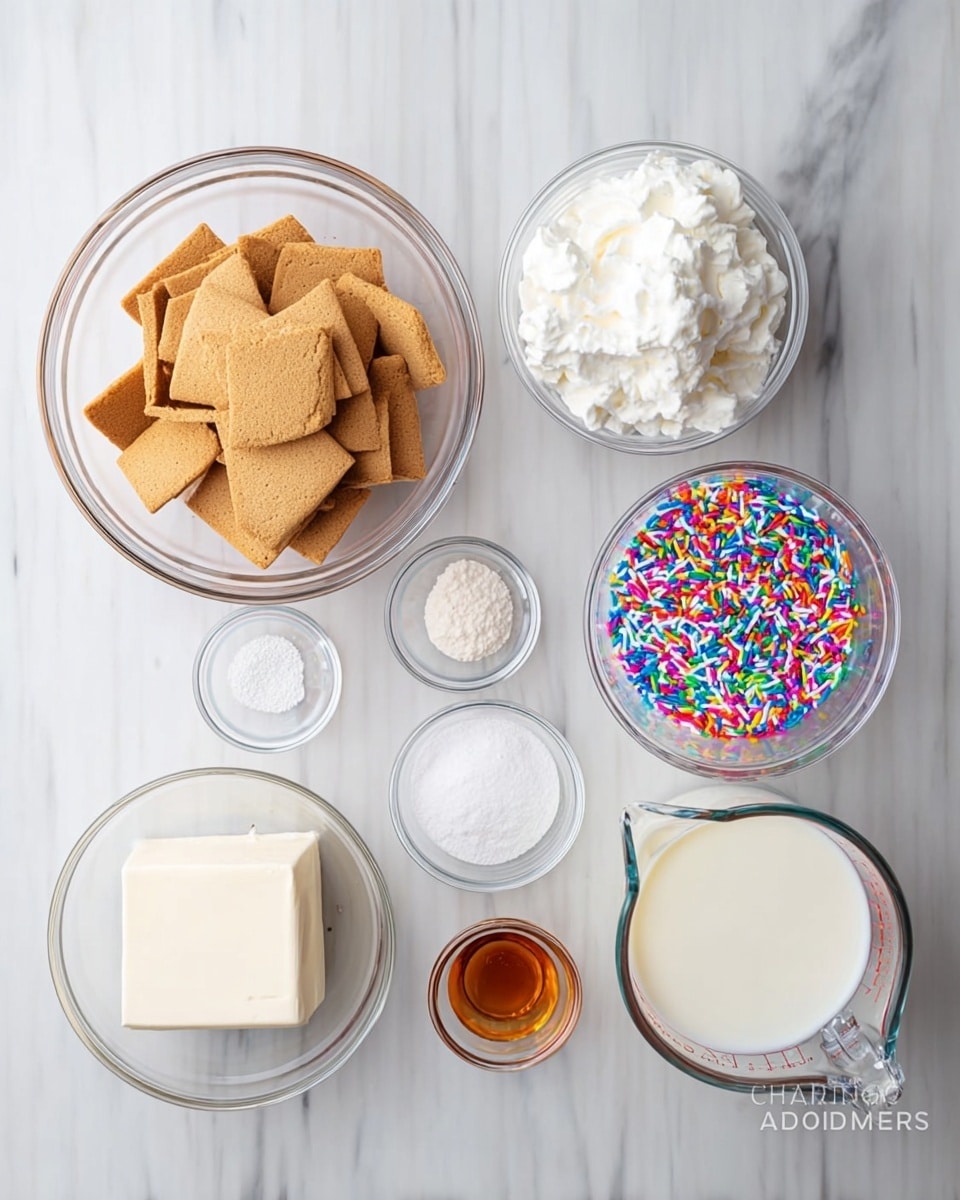 The image shows seven clear glass bowls and a clear glass measuring cup arranged on a white marbled surface. In the center is a medium bowl filled with square tan cookies with a slightly rough surface. Above it is another medium bowl filled with fluffy white whipped cream. To the right of the whipped cream is a medium bowl filled with colorful rainbow sprinkles in bright shades of red, blue, green, yellow, purple, and white. Below the sprinkles is a small bowl holding a rectangular block of white cream cheese. To the left of the cookies is a small bowl filled with fine white powdered sugar. Below that is a tiny bowl with amber-colored vanilla extract. Finally, at the bottom right is a measuring cup filled with white milk. The photo taken with an iphone --ar 4:5 --v 7