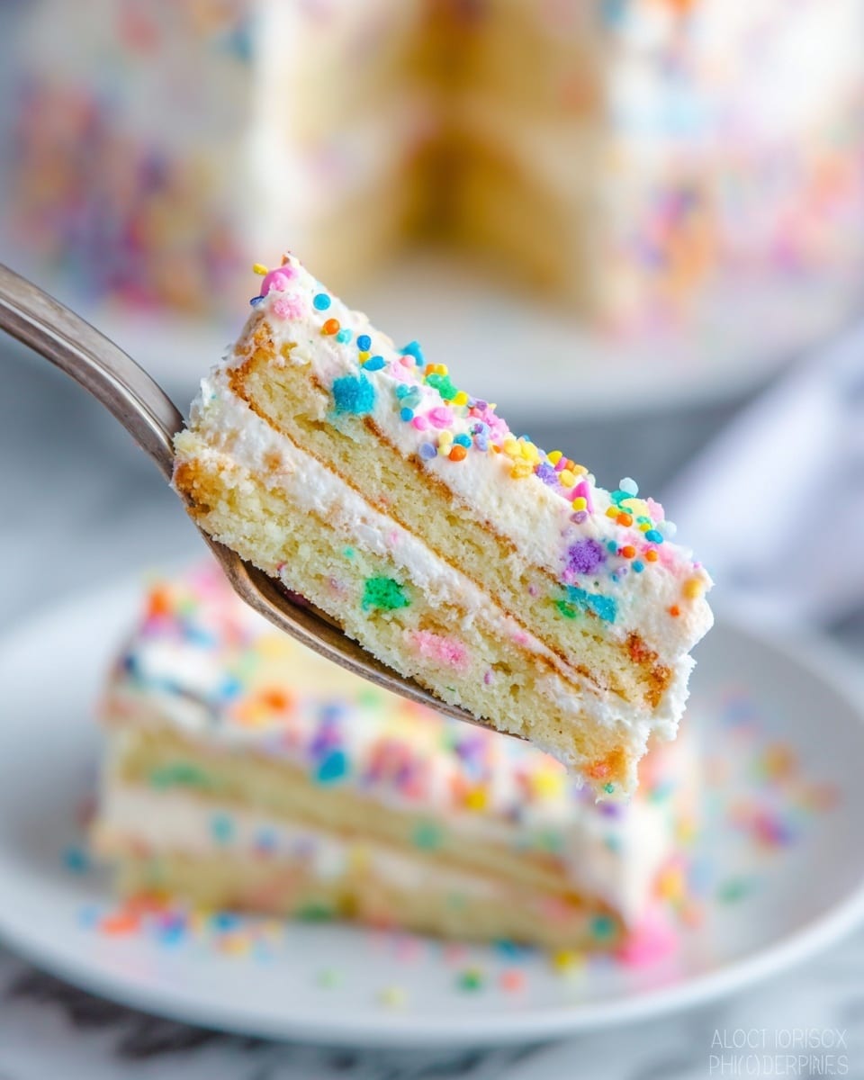 A close-up of a fork holding a small piece of a three-layer cake with light yellow cake layers separated by white creamy frosting mixed with colorful sprinkles in green, pink, blue, orange, and purple. The edges of the frosting and cake show some crumbs and loose sprinkles. In the blurry background, a larger portion of the same cake is visible on a white plate, set on a white marbled surface. The overall look is bright and colorful with soft textures. photo taken with an iphone --ar 4:5 --v 7