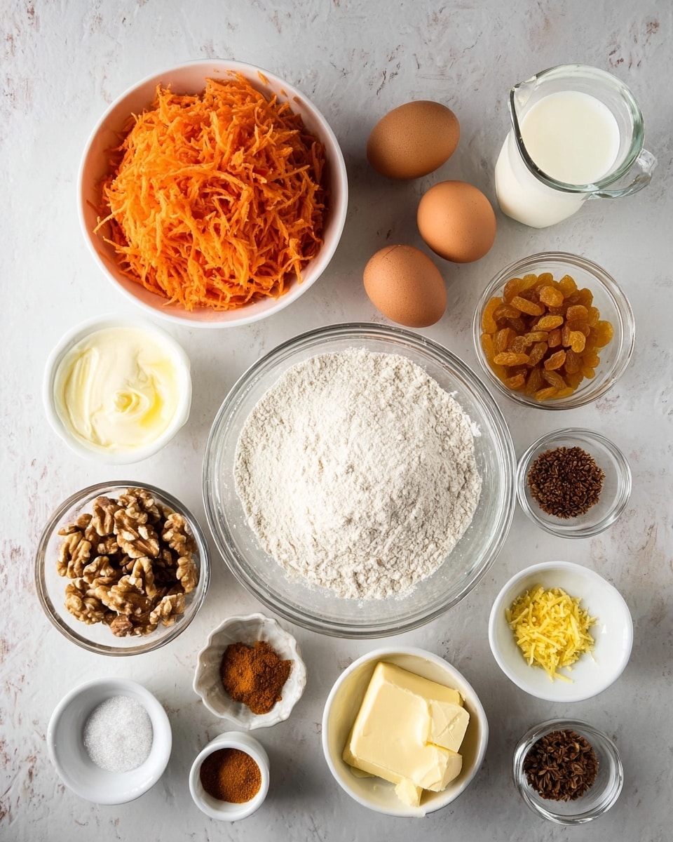 The image shows ingredients arranged on a white marbled surface, ready for baking. In the center, there is a clear glass bowl filled with white flour. To its left, a white bowl holds bright orange shredded carrots. Nearby, there is a small white bowl with walnuts and another small white bowl with cream cheese. Two brown eggs sit side by side near a white jug filled with milk. Small glass and white bowls contain brown sugar, granulated white sugar, golden raisins, butter slices, lemon zest, yeast, lemon juice, cinnamon, and cardamom seeds. The ingredients are spread out neatly and lit softly. Photo taken with an iphone --ar 4:5 --v 7