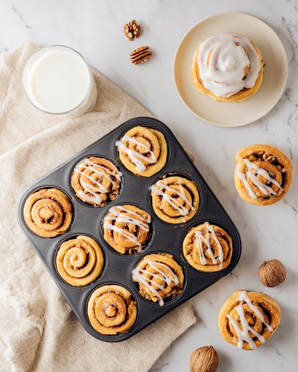 There is a black muffin tray holding ten golden-brown cinnamon rolls, some with white icing drizzled on top in wavy lines. The rolls have swirled shapes with a textured filling visible in the layers. A white plate with a single cinnamon roll covered in white icing is placed above the muffin tray. Below and to the left, there is a glass of milk on a cream-colored cloth on a white marbled surface with two walnut pieces nearby. photo taken with an iphone --ar 4:5 --v 7