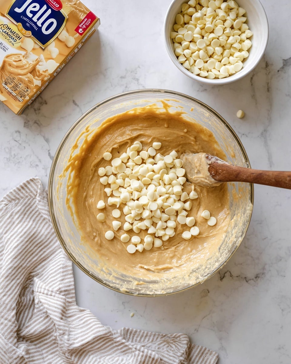 A clear glass bowl holds a creamy, light brown batter with a smooth texture, topped with a generous layer of pale yellow white chocolate chips scattered over the center. A wooden spoon with a long handle rests inside the bowl on the right side, partially covered in batter. The bowl sits on a white marbled surface. At the top left corner, there is a box of JELL-O banana cream pudding mix, and at the top right, a white cup filled with more white chocolate chips is placed. A soft, white and beige striped cloth is laid casually at the bottom edge of the surface. Photo taken with an iphone --ar 4:5 --v 7
