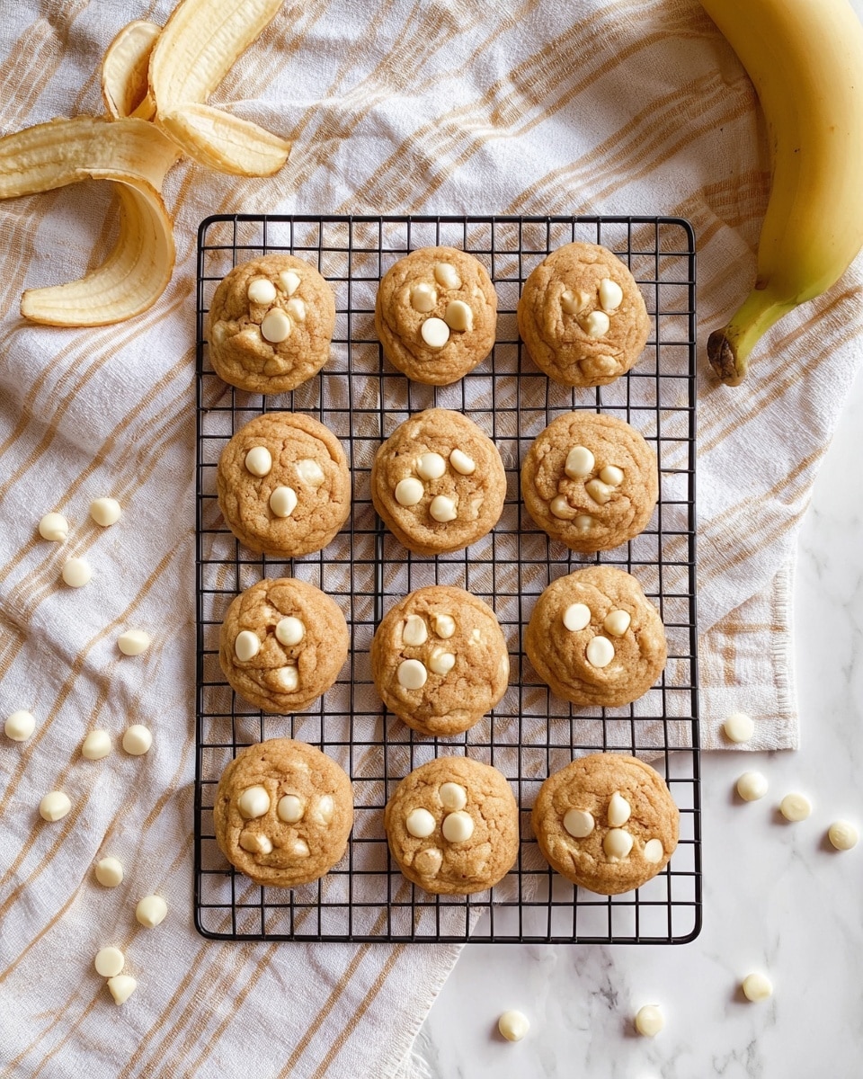 Nine round, light brown cookies with white chocolate chips on top rest on a black cooling rack. The cooling rack is placed on a white and beige checkered cloth, all laying on a white marbled surface. Around the rack, there are several white chocolate chips scattered, a peeled banana skin on the left, and two whole bananas on the top right. The cookies have a soft texture and are evenly spaced on the rack. Photo taken with an iphone --ar 4:5 --v 7