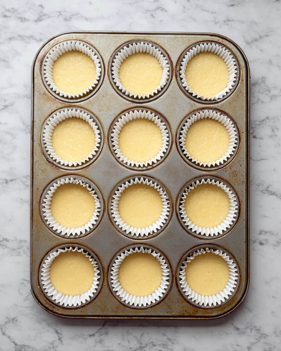 A metal baking tray with 12 cups filled evenly with a pale yellow batter, each cup lined with a white paper cupcake liner. The tray sits on a white marbled surface, and the batter is smooth and level, ready to be baked. photo taken with an iphone --ar 4:5 --v 7