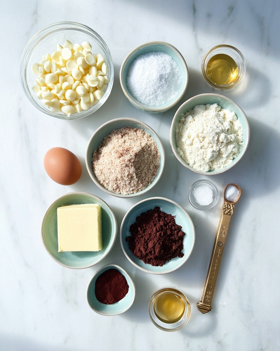 Top view of ten small white and light blue bowls arranged neatly on a white marbled surface, each holding different baking ingredients: white chocolate chips in a clear bowl at top left, white granulated sugar in a slightly textured round bowl next to it, a brown egg in a small clear bowl, light brown almond flour in a light blue bowl center, fine white flour in a clear bowl to the right, light yellow butter block in another light blue bowl bottom left, dark cocoa powder in a white bowl bottom center, a small amount of dark red powder in a clear bowl bottom left, golden liquid in a tiny metal cup, and white baking soda in a tiny clear bowl next to a wooden salt spoon with gold detailing on the handle, all arranged with space between each, bright natural light and soft shadows, photo taken with an iphone --ar 4:5 --v 7