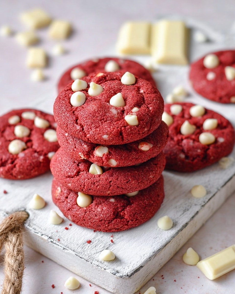 A stack of round red cookies with white chocolate chips scattered on top and inside the cookies is placed on a white marbled textured board. The cookies have a slightly rough, soft texture, and their red color contrasts with the white chips, which are small and round, spread unevenly over each cookie's surface and peeking out slightly from inside. The board has a rustic rope handle on the side. The background features more white chocolate pieces and white chocolate chips casually scattered around on a white marbled surface. Photo taken with an iphone --ar 4:5 --v 7