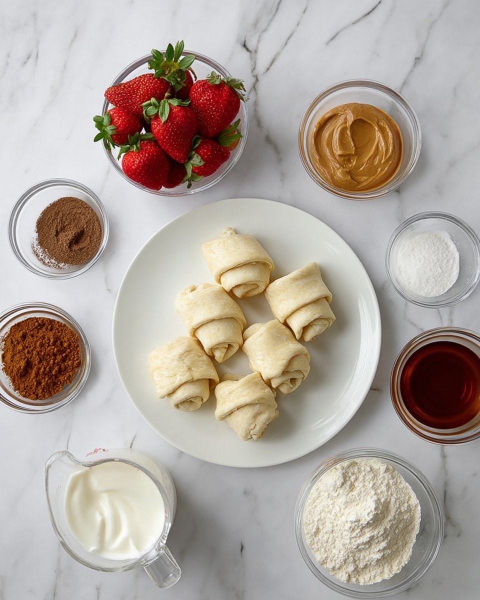 The image shows a white plate with six neatly arranged uncooked rolled dough pieces, each layered and slightly curved, placed on a white marbled surface. Around the plate, there are several small clear glass bowls holding different ingredients: one with bright red strawberries with green stems, one with a smooth light brown creamy spread, one with a dark brown powdery spice, one with white powdered sugar, one with a thick light brown creamy substance, and one with a small amount of dark amber liquid. Near the bottom left, there is a clear glass measuring cup filled with white cream. Everything sits on a clean white marbled surface, creating a bright and fresh cooking scene photo taken with an iphone --ar 4:5 --v 7