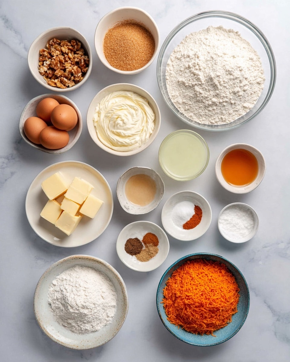 The image shows 14 bowls arranged neatly on a white marbled surface, each with different baking ingredients. Starting from the top left, there is a small white bowl filled with crushed nuts and next to it a slightly larger white bowl with light brown sugar. Below these, a large clear glass bowl holds white flour with a textured surface, and to its right, a clear glass filled with a light yellow liquid is centered. Above the glass is a white bowl with creamy white frosting, next to a white bowl holding four eggs with a smooth brown shell. At the bottom left, a white plate has neatly cut pieces of yellow butter. Above it, a small white bowl contains amber-colored liquid, and beside that, two smaller white bowls hold white baking powder and baking soda powders. In the center, a white bowl is filled with white granulated sugar, and to its right, a white bowl overflows with fine orange-colored grated carrots. Finally, at the bottom, a rustic white bowl with a blue rim is filled with powdered sugar. In the middle, a small white plate holds various brown and white spices in small piles. The arrangement is clean and well-lit, with soft shadows, photo taken with an iphone --ar 4:5 --v 7