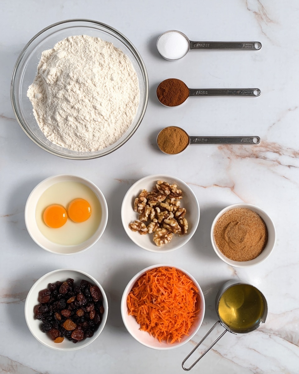 The image shows a top view of multiple baking ingredients placed on a white marbled surface. At the top left, there is a large clear glass bowl filled with white flour. To the right, there are three metal measuring spoons arranged vertically, holding white salt, white baking powder, and brown cinnamon powder. Below these, there is another vertical line of metal spoons, filled with brown cinnamon powder, golden oil, and amber liquid respectively. On the bottom left, there is a small white bowl filled with chopped walnuts, and next to it, a white bowl with dark raisins. Below them, a small white bowl has two raw eggs with visible yolks. To the left of the eggs, there is a white bowl filled with orange grated carrots. Finally, at the bottom right, a metal measuring cup contains brown sugar. Photo taken with an iphone --ar 4:5 --v 7