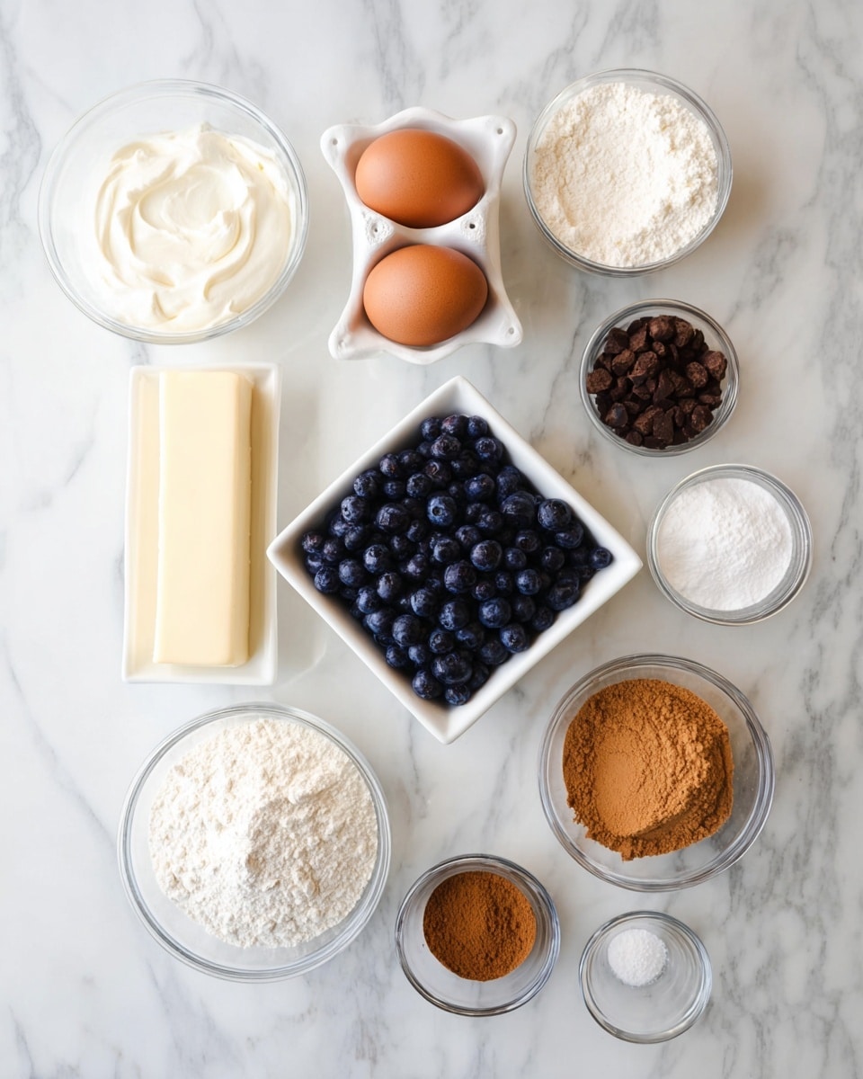 The image shows a white marbled surface with several small clear glass bowls and a white egg holder containing two brown eggs, arranged neatly. In the top center is a white square bowl filled with fresh dark blue blueberries. To the left, a clear glass bowl contains thick white cream, while near the center is a rectangle stick of light yellow butter wrapped in paper. Surrounding these are small clear bowls filled with white flour, white granulated sugar, light brown sugar, cocoa powder, vanilla extract, milk, salt, and baking powder. The ingredients are spaced out evenly, showing different colors and textures from powders to liquids and solids in a simple, clean layout. Photo taken with an iphone --ar 4:5 --v 7