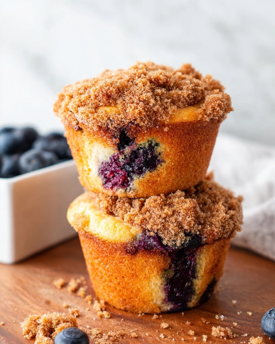 The image shows two blueberry muffins stacked on top of each other on a wooden surface with some crumbs scattered around. Each muffin has a golden-brown base with visible blueberries embedded inside, giving hints of deep blue and purple colors. The tops of the muffins are covered with a thick layer of a coarse, crumbly, light brown sugar streusel that adds texture and contrasts with the smooth cake beneath. The background has a white marbled texture, and there is a white square dish filled with blueberries partially visible to the left. Photo taken with an iphone --ar 4:5 --v 7