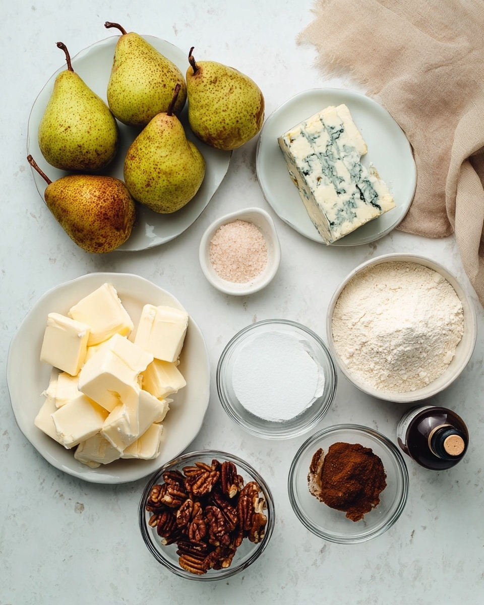 The image shows a white marbled surface with various baking ingredients arranged neatly. In the top left, five greenish pears with brown spots sit on a white plate next to a block of blue cheese. Below, another white plate holds large cubes of butter with some sugar and a pinkish salt beside it. To the right, there are clear glass bowls filled with light brown sugar and white flour. A white bowl holds several dark brown pecans. On the surface near the bowls, there is a small container of ground cinnamon and a tiny dark bottle of vanilla extract. A plain beige cloth is partly visible at the top right corner. photo taken with an iphone --ar 4:5 --v 7