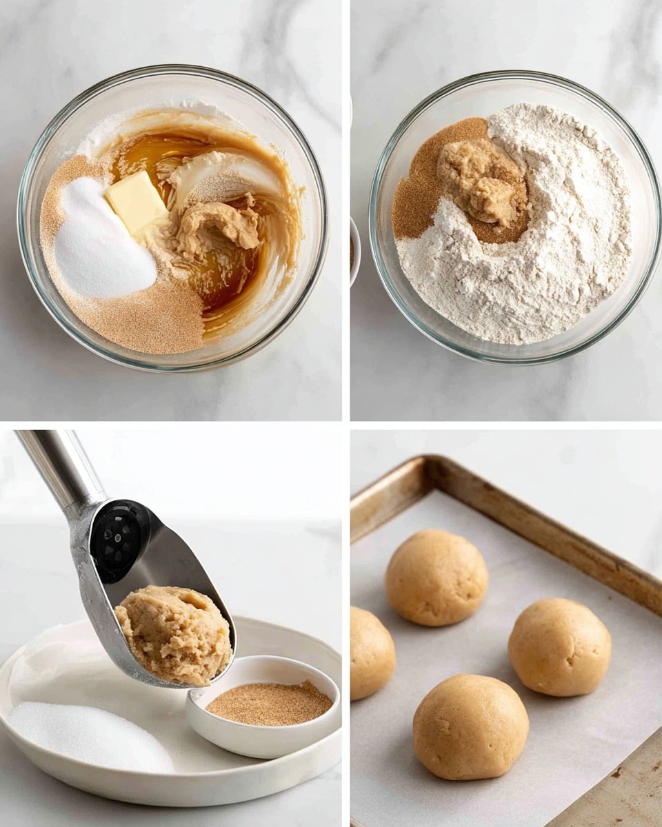 A clear glass bowl sits on a white marbled surface, filled with layers of white and light brown sugar along with a stick of pale yellow butter. In the next shot, the same bowl shows a light tan, creamy mixture being blended with a hand mixer. The third image adds a layer of golden brown liquid, creating a smooth texture. Following that, a layer of white flour is shown being mixed into the batter with a black spatula, blending into a thicker dough. Next, a shiny silver ice cream scoop with a black handle scoops a round portion of the dough, showing its soft, beige texture. Finally, three smooth, light brown dough balls rest on a baking tray lined with parchment paper, with one dough ball being dipped into a small white bowl of mixed white and light brown sugar nearby. Photo taken with an iphone --ar 4:5 --v 7