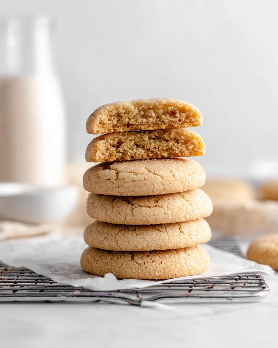A stack of five light golden brown cookies sits on a white marbled surface with a metal cooling rack beneath partly covered by parchment paper. The top four cookies are halved, showing their soft, crumbly inside with a slightly grainy texture. The whole cookies at the bottom are round and slightly cracked on the surface. In the background, out of focus, there is a white bottle filled with milk and a small white bowl. The scene is bright and clean with soft shadows, photo taken with an iphone --ar 4:5 --v 7