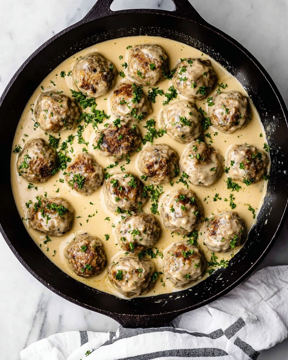 A dish with many round meatballs covered in a thick, creamy beige sauce, with small bits of green herbs sprinkled on top. The meatballs are evenly spread in a pan, some partially dipped in the sauce, showing a brownish texture beneath the sauce. In the center, a spoon holds one meatball, coated fully with the sauce, adding dimension. The background is a white marbled texture. photo taken with an iphone --ar 4:5 --v 7