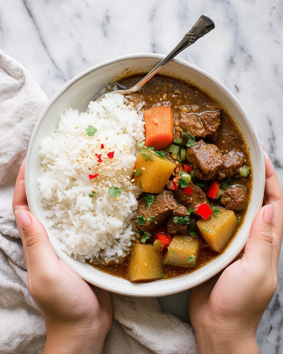 A white bowl filled with two main layers: one side has fluffy white rice topped with a few sesame seeds and small red bits, while the other half holds a thick brown stew with large chunks of cooked meat, yellow potatoes, and bright orange carrots. The stew is garnished with green herbs and small diced red and green peppers. A silver spoon rests inside the rice side of the bowl, and a woman's hands are holding the bowl over a white marbled surface with a light cloth nearby. Photo taken with an iphone --ar 4:5 --v 7