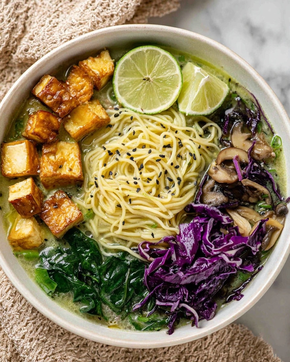 A white bowl filled with a noodle soup showing three main sections layered inside; on the left, there are light yellow noodles submerged in light green broth with a slice of lime resting on top; next to the noodles, golden-brown cubes of tofu scattered with black sesame seeds sit piled above the broth; on the right side, dark purple cabbage and mushrooms mix together with slices of lime peeking through; at the bottom of the bowl, fresh dark green leafy vegetables float in the broth. The bowl sits on a white marbled surface with a beige textured cloth nearby photo taken with an iphone --ar 4:5 --v 7