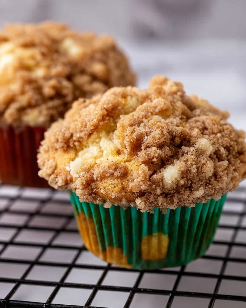 The image shows two muffins on a black wire rack over a white marbled surface, each with a fluffy top layer covered in crumbly streusel topping that is light brown and textured. The muffin in the foreground is in a green liner with some yellow spots, while the one behind it is in a red liner. The muffins have a slightly uneven, rounded shape with the streusel sneaking down the sides. The background is softly blurred to keep the focus on the muffins. Photo taken with an iphone --ar 4:5 --v 7