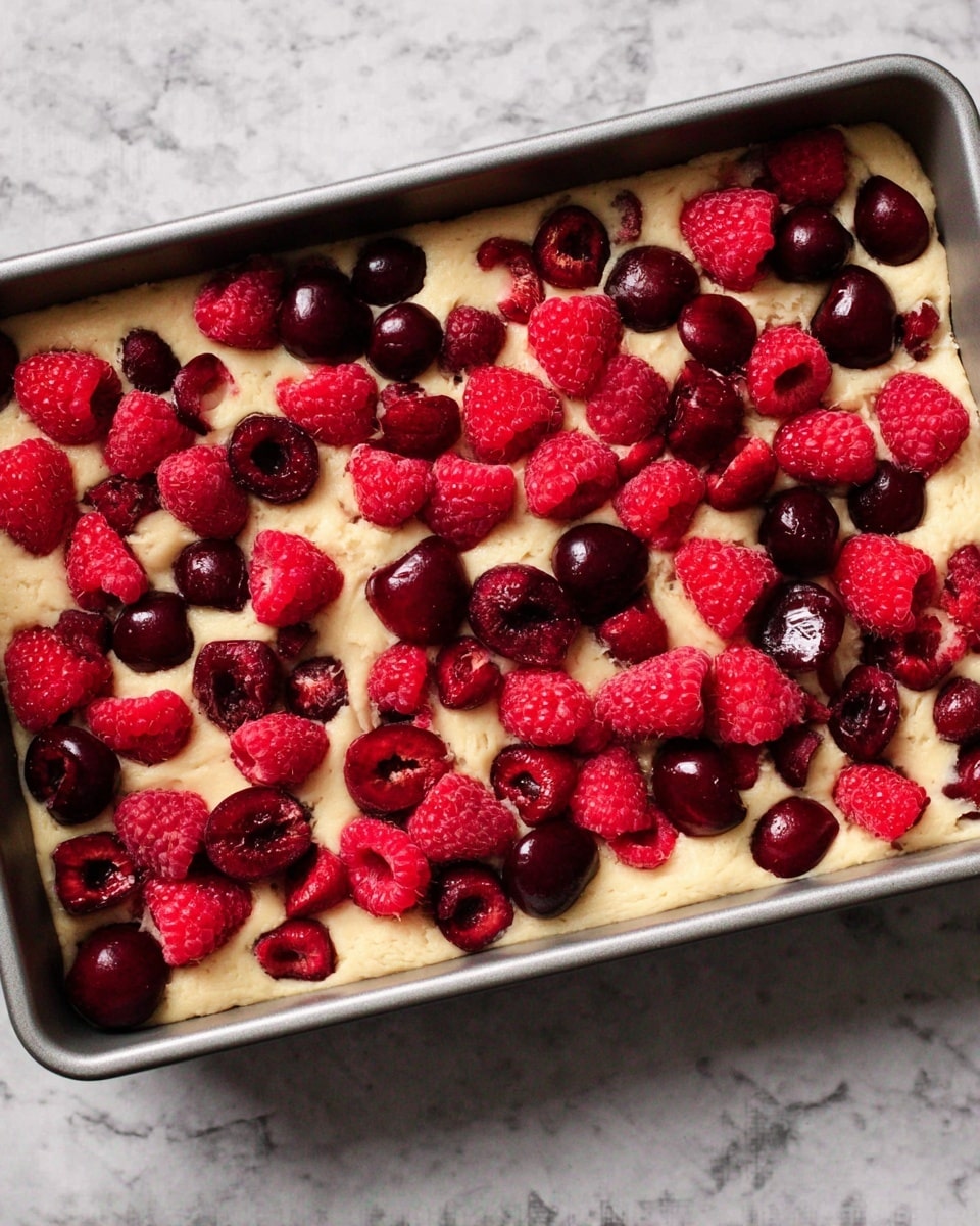 The image shows a baking pan with one layer of light beige dough spread evenly across the pan. On top of the dough, there is a scattered layer of red raspberries and dark red cherries, some whole and some cut in half, adding a mix of smooth and bumpy textures. The pan rests on a white marbled surface. photo taken with an iphone --ar 4:5 --v 7