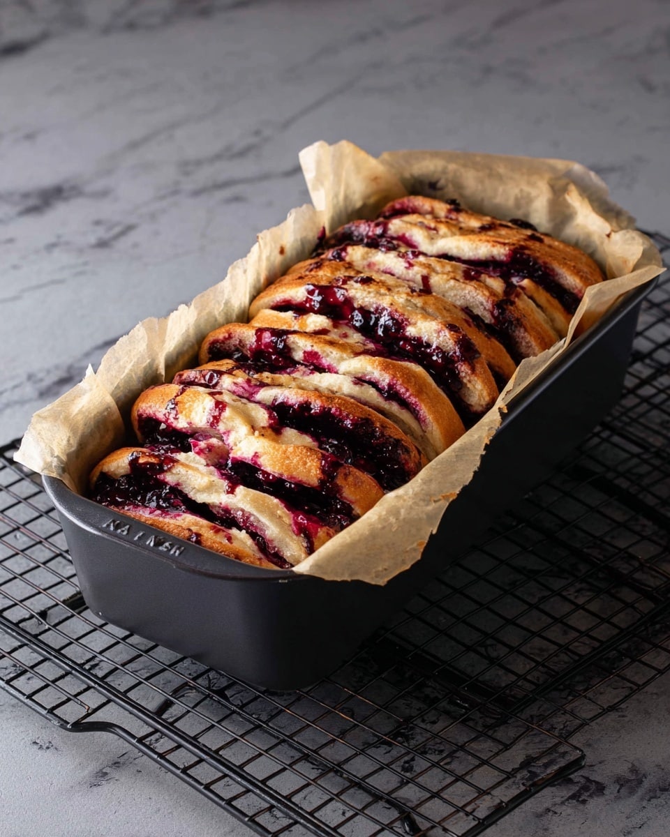 A loaf with about 10 thick, folded bread layers baked in a dark gray pan lined with parchment paper, with each layer showing a mix of golden-brown dough and deep purple berry filling oozing out unevenly, all placed on a black wire cooling rack over a white marbled surface. photo taken with an iphone --ar 4:5 --v 7