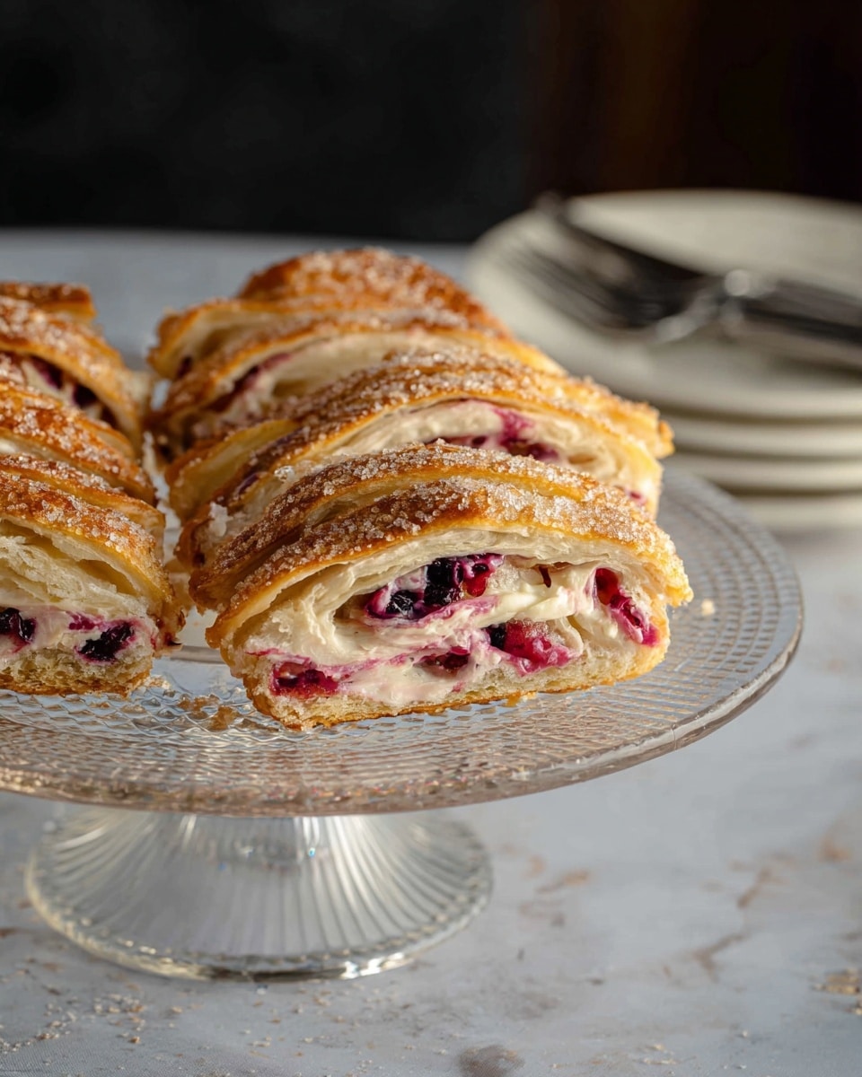 The image shows several slices of a braided pastry arranged on a clear glass cake stand. Each slice has a golden brown, flaky crust with a sugary sparkle on top. Inside, there are visible layers of creamy white filling mixed with purple and red berries, giving a vibrant contrast to the light crust. The pastry’s braided pattern adds texture and an inviting look. The background features a white marbled texture surface and some stacked white plates with silver forks in the back, slightly out of focus. Photo taken with an iphone --ar 4:5 --v 7