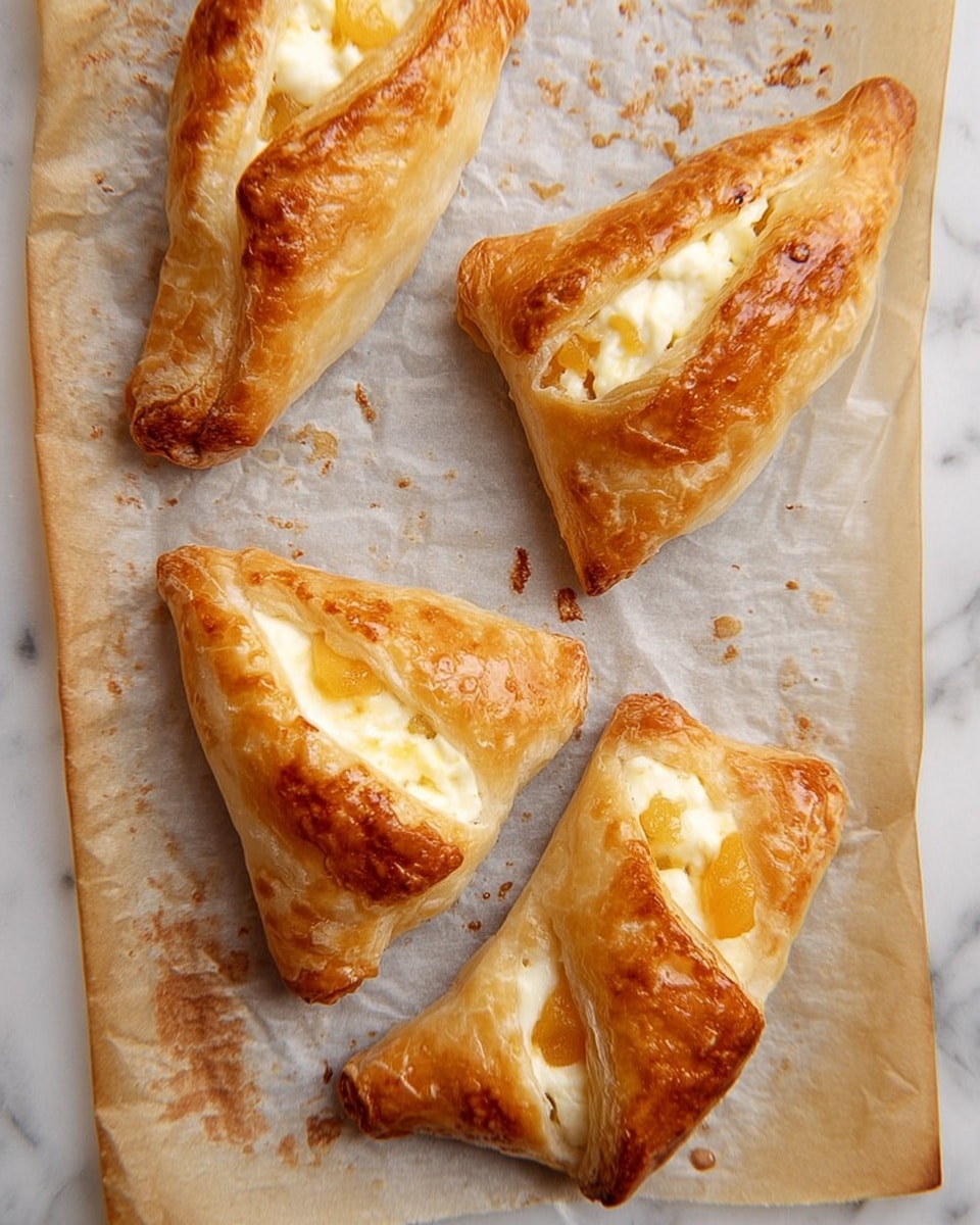 The image shows four golden brown pastries on parchment paper, each with a triangular shape and flaky crust. The pastries are folded in a way that forms an open center filled with creamy white cheese and bright orange fruit pieces, likely apricot. The crust looks crispy with slightly darker browned spots showing its flaky layers. The parchment paper underneath is slightly stained with small browned spots from baking. The whole scene is set on a white marbled surface. photo taken with an iphone --ar 4:5 --v 7
