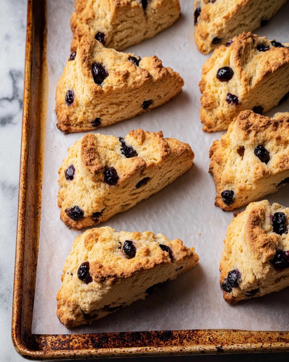 The image shows a baking sheet with several golden-brown scones arranged on white baking paper. Each scone has a rough, crumbly texture with visible layers and folds, and is studded with small, dark blueberries that add pops of deep purple and black color. The scones have a triangular shape with slightly browned edges, hinting at a crispy outer layer. The baking sheet has a rusty, used look, giving a rustic feel, and the surface beneath is a white marbled texture. The lighting is soft, highlighting the scones' texture and color, making them appear fresh and inviting photo taken with an iphone --ar 4:5 --v 7