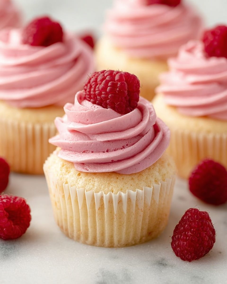 The image shows light yellow cupcakes with one large swirl layer of pink creamy frosting on top, each decorated with a fresh red raspberry placed on the side of the swirl. The cupcakes have a smooth texture with a white paper liner holding them. They are arranged closely on a white marble textured background, with extra raspberries scattered around. The lighting is soft, highlighting the smoothness of the frosting and the softness of the cupcake base. photo taken with an iphone --ar 4:5 --v 7