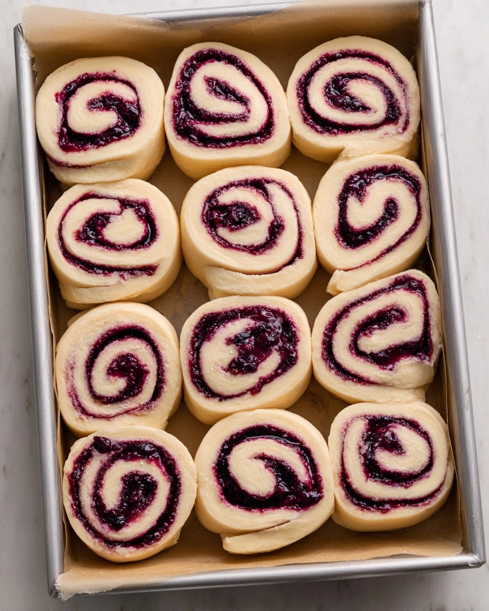 The image shows twelve raw rolls arranged closely in a metal baking tray lined with parchment paper. Each roll has two visible layers: an outer pale creamy dough layer and an inner swirl of dark purple berry filling. The swirls are thick, uneven, and have a slightly glossy texture, contrasting with the smooth, soft dough that has a light beige color. The rolls are positioned on a white marbled surface. photo taken with an iphone --ar 4:5 --v 7