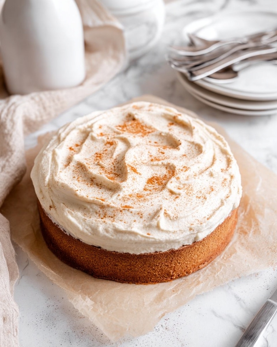 A round, two-layer dessert on brown parchment paper shows a thick, light brown base layer topped with a thick, white creamy layer. The white layer is spread unevenly with soft peaks and sprinkled with light brown powder. A slice is cut and pulled slightly out, revealing the smooth texture of the light brown base and the fluffy white top. In the background, there is a clear glass with light brown liquid and stacked white plates with two forks on a white marbled surface. Photo taken with an iphone --ar 4:5 --v 7