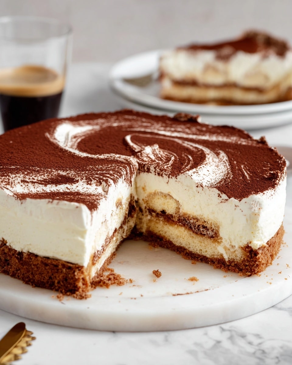 The image shows a round, layered tiramisu cake on a white marble surface. The bottom layer is a thin, crumbly brown crust that holds the dessert together. Above it is a thick, creamy white layer, followed by a soaked light beige layer of sponge fingers. Another thick creamy white layer sits on top, covered with a dusting of dark brown cocoa powder spread unevenly with soft swirls. In the background, there is a clear glass with dark coffee and a slice of the same tiramisu on a white plate. The photo taken with an iphone --ar 4:5 --v 7