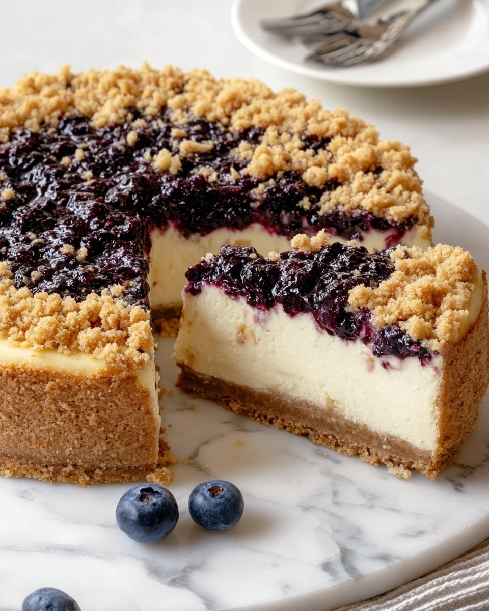 The image shows a round cheesecake with three clear layers on a white marbled surface. The bottom layer is a thick, light brown crust. The middle layer is thick, smooth, and creamy white cheesecake filling. The top layer is dark purple blueberry topping mixed with a crumbly golden streusel covering completely. One slice has been removed and placed slightly away from the main cheesecake, revealing the inside layers clearly. A few fresh blueberries are scattered near the cheesecake. In the background, there is a white plate with a fork on it. photo taken with an iphone --ar 4:5 --v 7