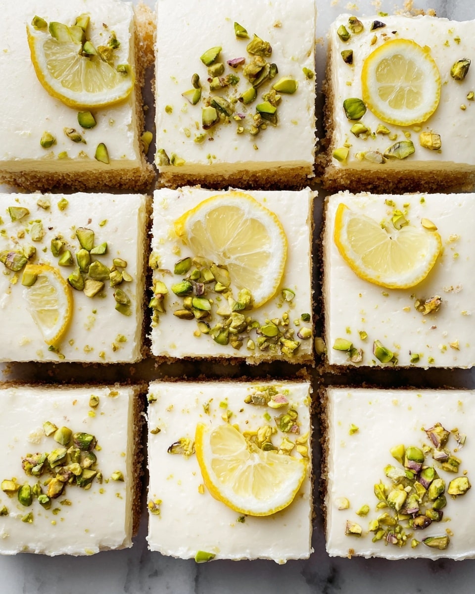 The image shows nine square lemon bars arranged in a 3x3 grid on a white marbled surface. Each bar has two layers: a light brown, crumbly base and a thick, creamy white topping evenly spread on top. The white layer is sprinkled with small pieces of chopped green pistachios and has smooth textures with slight unevenness. Two lemon slices with bright yellow and fresh pulp are placed on the top left and bottom right bars, adding contrast. The bars are separated by thin gaps, showing the crumbly base clearly. photo taken with an iphone --ar 4:5 --v 7