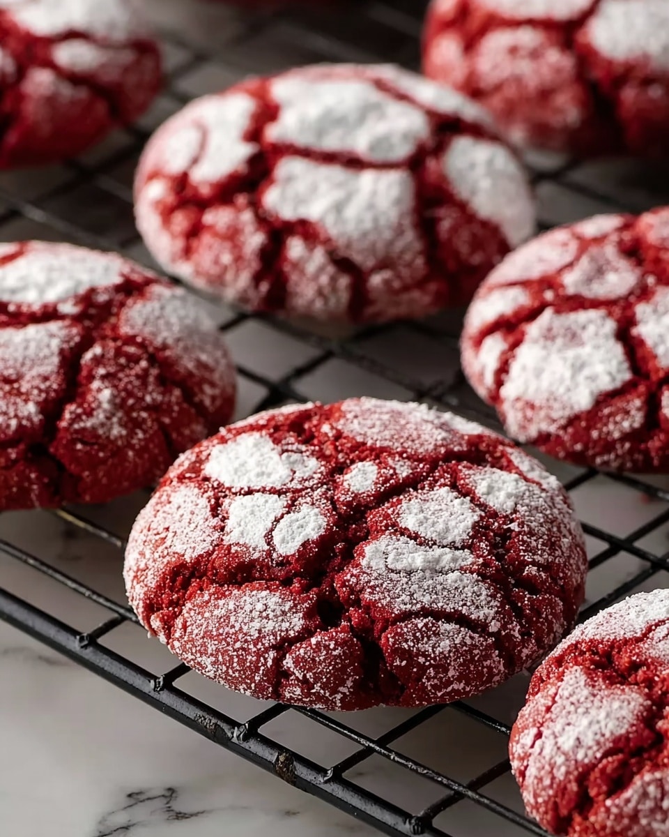 The image shows several round red cookies with a cracked surface, each topped with a powdery white dusting, sitting on a black metal cooling rack. The cookies have a rough texture with deep red color showing through the white powder, giving a cracked, mosaic-like look. The cookies are close to each other but not touching, and the background is a white marbled surface. Photo taken with an iphone --ar 4:5 --v 7