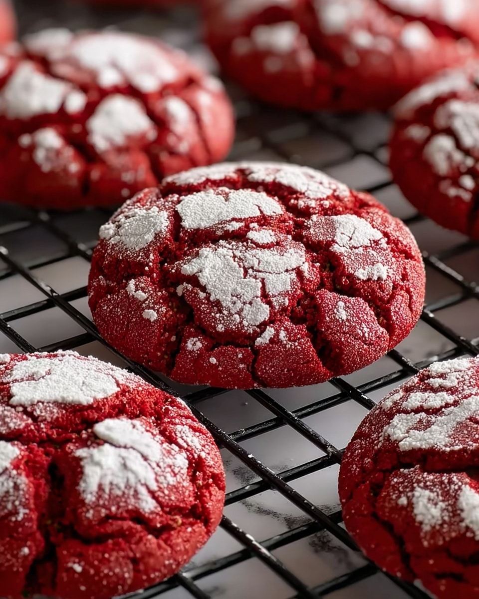 The image shows several round red cookies on a black cooling rack. Each cookie has a cracked surface with bright white powdered sugar dusted unevenly on top, highlighting the cracks. The cookies look soft and slightly thick, with the red color contrasting strongly against the white sugar. The cookies are arranged close together on the cooling rack, which sits over a white marbled surface. The focus is sharp on the closest cookie, while the others blur softly in the background. photo taken with an iphone --ar 4:5 --v 7
