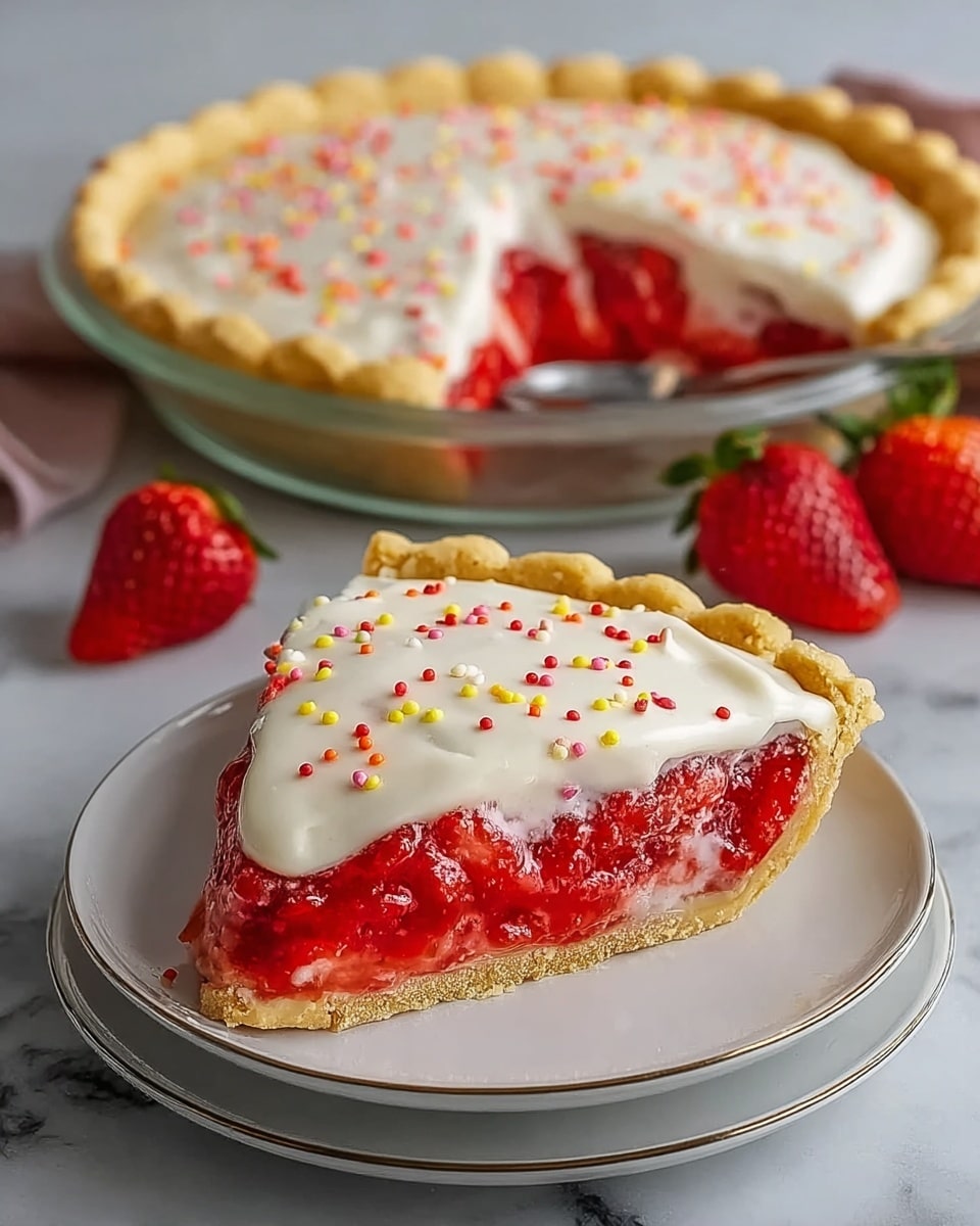 The image shows a strawberry pie with three clear layers. The bottom layer is a golden, flaky crust with a textured, slightly crimped edge forming a circle. The middle layer is bright red strawberry filling, thick and chunky, visible through a slice taken out from the front. The top layer is a smooth, creamy white icing or cream spread evenly over the fruit, sprinkled with small red and yellow round sprinkles. The pie is served on a white plate with a thin rim and placed on a white marbled surface. Two fresh strawberries are off to the side, slightly blurred, and a pie dish with more pie and a silver spoon is behind the pie. photo taken with an iphone --ar 4:5 --v 7