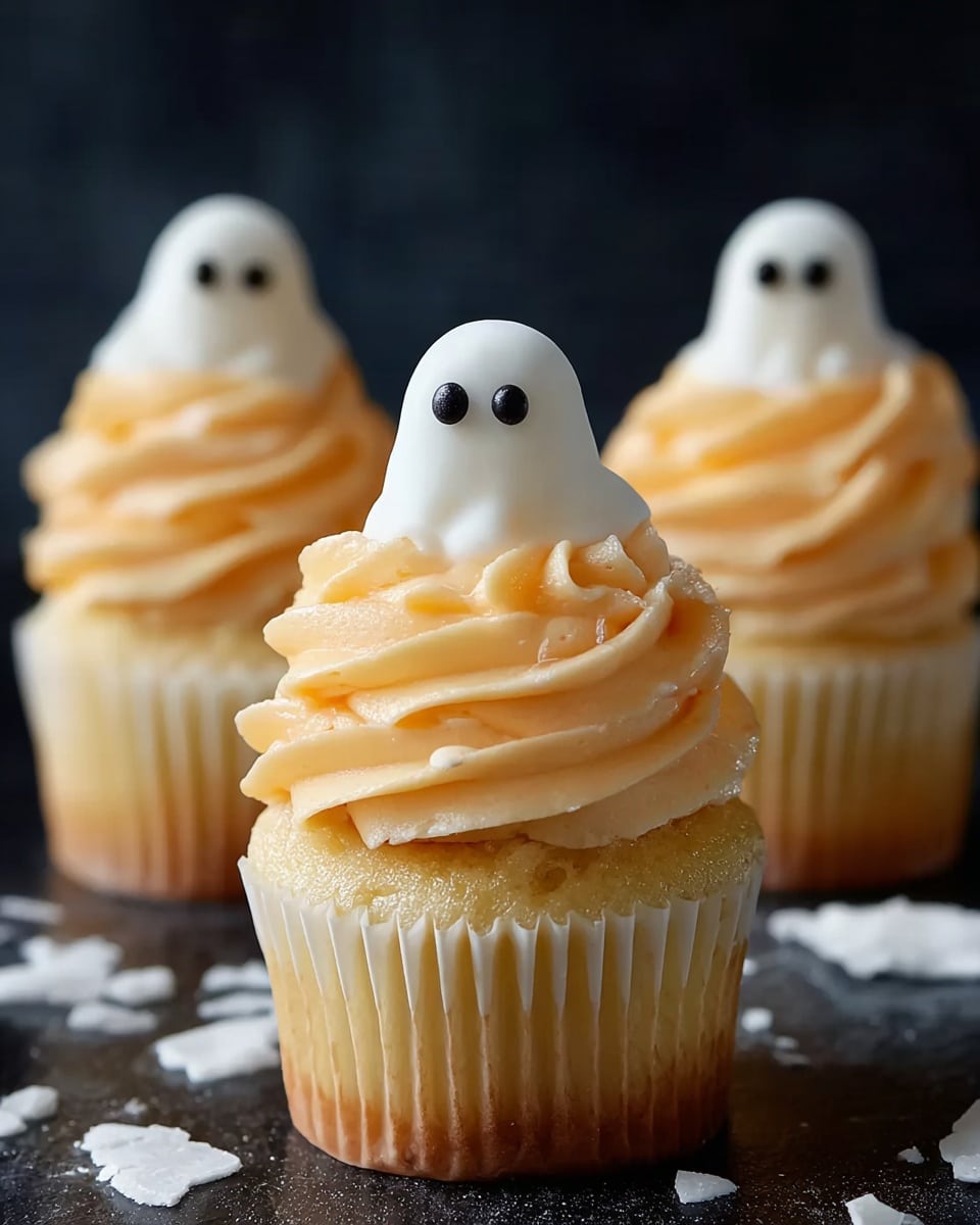 Three cupcakes sit on a dark surface with white flakes scattered around. Each cupcake has one layer of yellowish cake with a white liner. On top, there is a swirl of light orange frosting that looks creamy and soft. At the peak of the frosting, there is a small white ghost made of smooth fondant or icing, with two small black eyes that stand out. The background is blurred dark, focusing attention on the detailed cupcakes. photo taken with an iphone --ar 4:5 --v 7