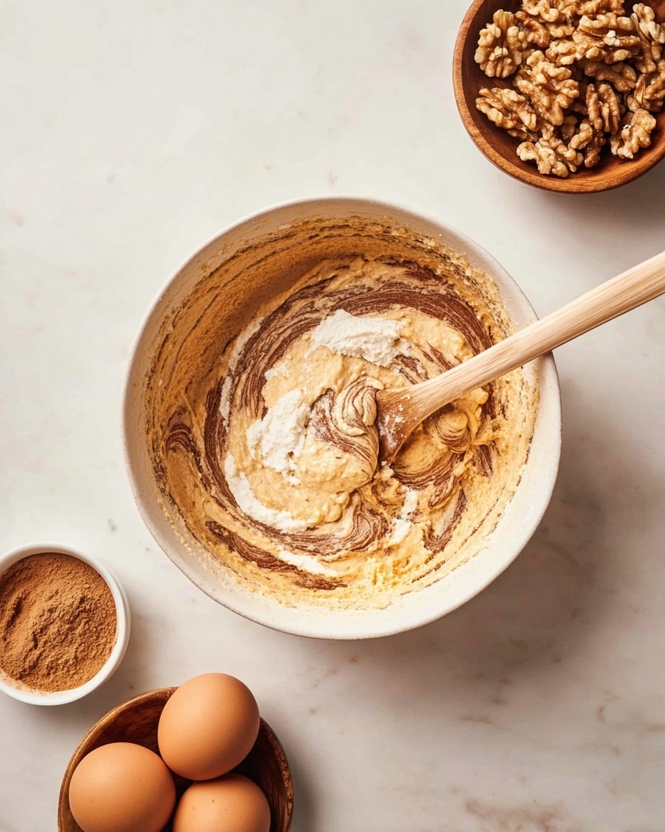 A white bowl sits on a white marbled surface, filled with a thick mixture showing layers of light beige batter swirled with darker brown powder, creating a marbled texture. A light wooden spoon with a long handle rests inside the bowl in the middle of the mixture. Near the bowl, on the top right, there is a small wooden bowl filled with whole walnuts, and on the bottom right, a white bowl holds four brown eggs. To the left of the main bowl is a small wooden bowl containing brown powder with a small wooden spoon in it. The overall colors are warm tones of beige, brown, and cream with smooth and powdery textures visible. photo taken with an iphone --ar 4:5 --v 7