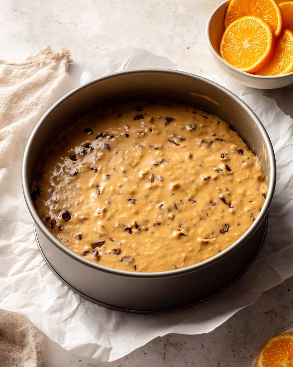 A round metal baking pan filled with one thick layer of light brown batter mixed with small dark pieces, giving a spotted texture. The pan is placed on a white marbled surface, partially covered with white parchment paper. In the top right corner, there is a white bowl containing several orange slices. The scene is softly lit, showing the smooth and slightly chunky texture of the batter. Photo taken with an iphone --ar 4:5 --v 7