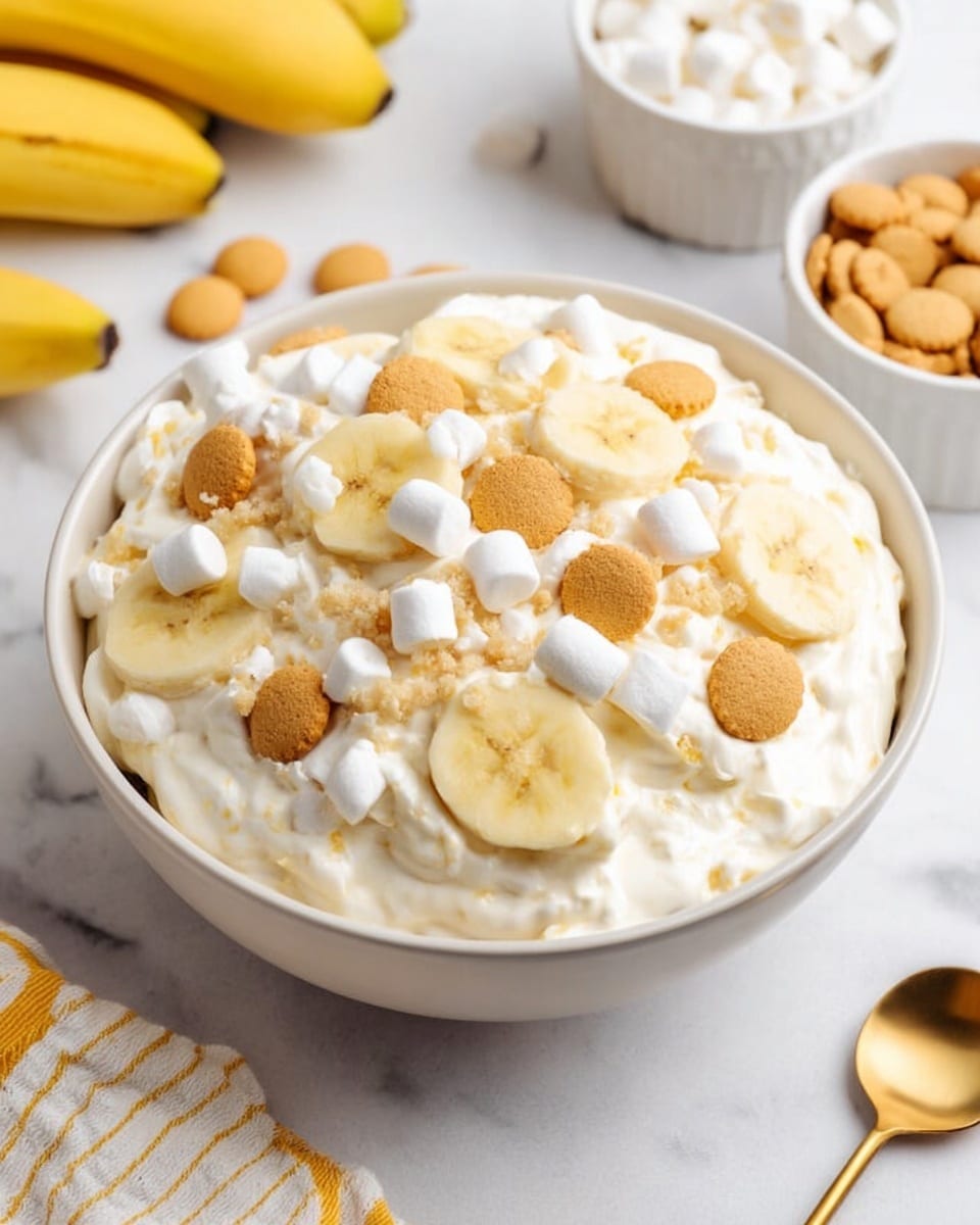 A white bowl filled with a creamy, light beige mixture with a soft and fluffy texture forms the base layer. On top, there are many slices of fresh banana, small round golden brown cookies, and tiny white marshmallows spread evenly over the surface. The dish looks rich with a mix of smooth cream, soft fruit slices, crunchy cookies, and pillowy marshmallows. The bowl is placed on a white marbled surface with bananas and other small bowls nearby. Photo taken with an iphone --ar 4:5 --v 7