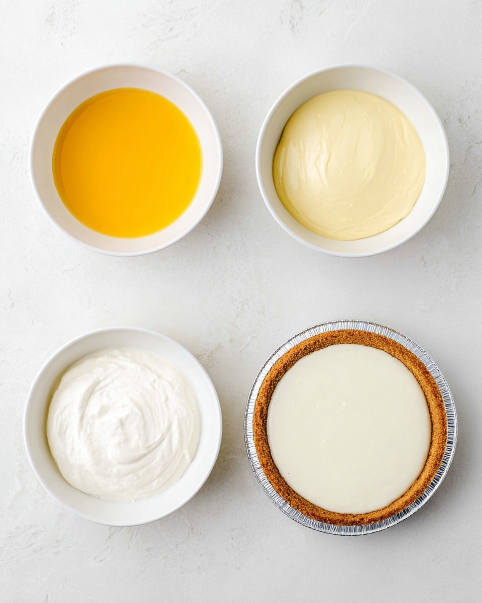 The image shows four parts of making a dessert arranged in a 2x2 grid on a white marbled surface. The top left part has a white bowl with a smooth, bright orange-yellow liquid inside. The top right part displays a white bowl with a pale yellow mixture that looks creamy. The bottom left part shows a white bowl filled with thick, white cream that looks smooth and soft. The bottom right part features a whole pie with a light golden crust and a smooth, even layer of white cream filling on top, all inside a foil pie tin. photo taken with an iphone --ar 4:5 --v 7