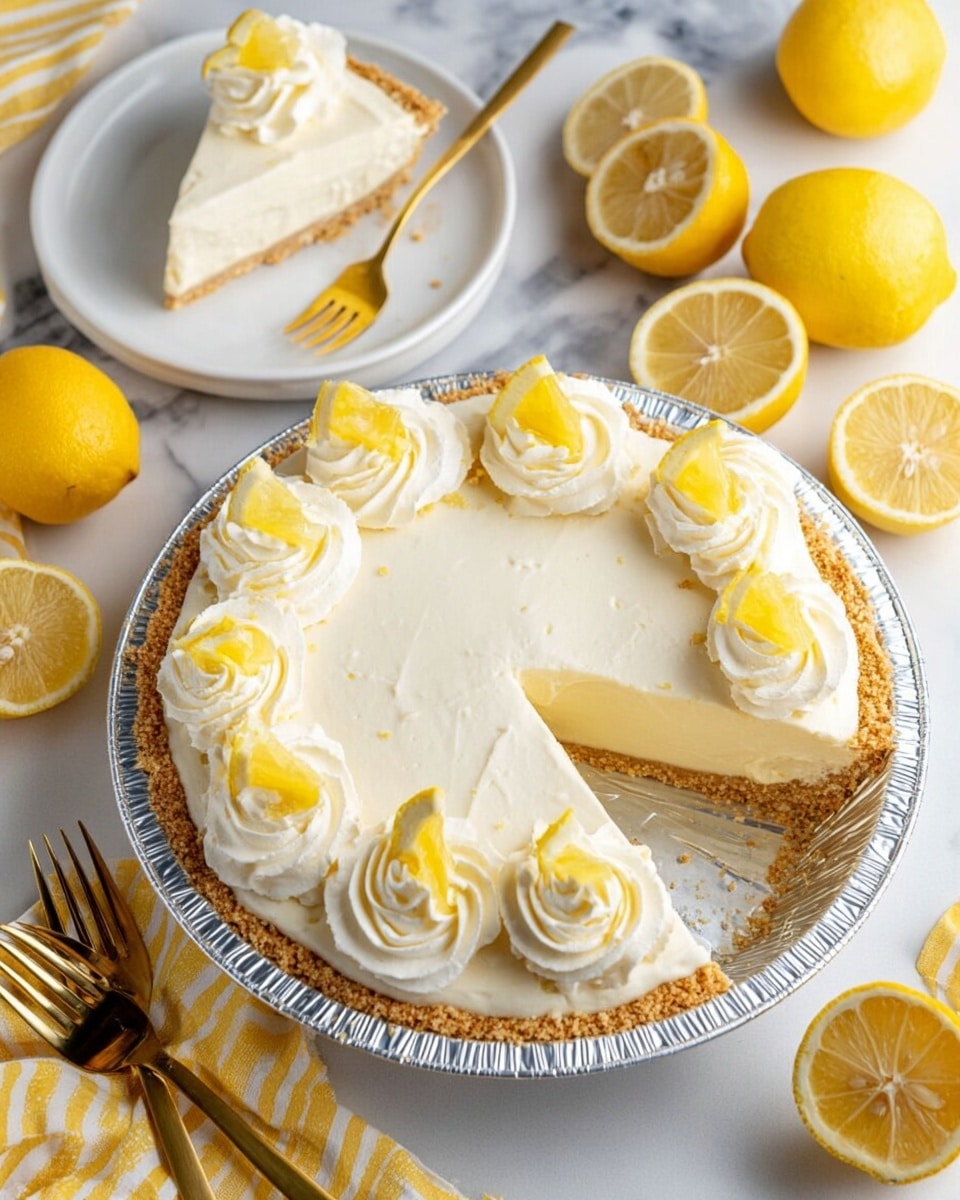 The image shows a lemon cream pie in a silver foil pan with one slice removed and placed on a white plate in the background. The pie has a light tan crumb crust as the bottom layer, topped with a smooth, creamy white filling layer. On top of this filling are six swirls of white whipped cream evenly spaced around the pie’s edge, each decorated with a small yellow lemon slice or wedge. The white plate with the removed slice also has a swirl of whipped cream and a lemon wedge on top. Surrounding the pie are fresh whole lemons, lemon halves, and lemon wedges scattered on a white marbled surface. Gold forks are placed near the pie and plate, and a yellow striped cloth is partially visible at the bottom left corner of the image. Photo taken with an iphone --ar 4:5 --v 7