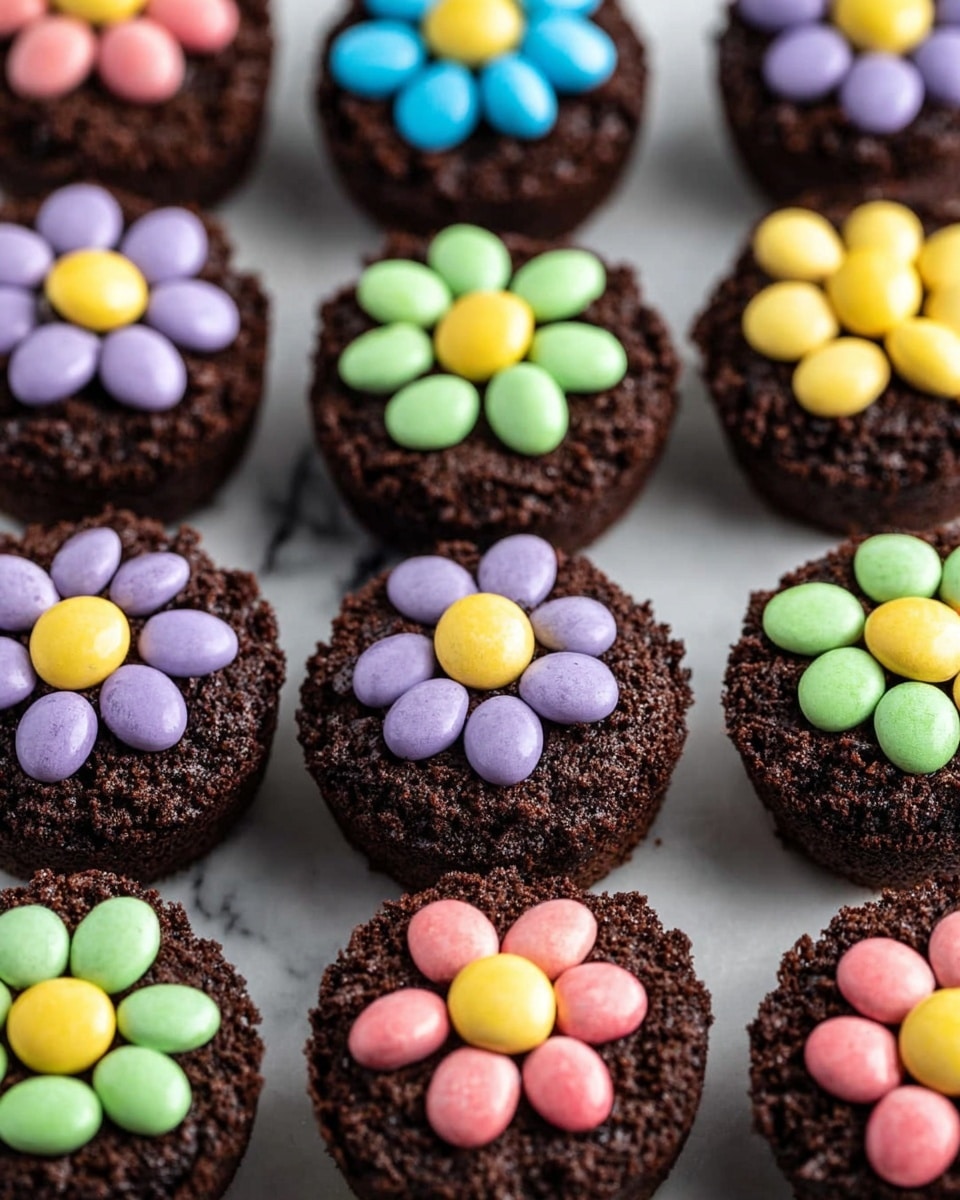 The image shows rows of small chocolate cupcakes with two main layers: a darker brown crumbly cake base and a top layer decorated with colorful candy pieces arranged like flowers. Each cupcake has five oval candies forming the petals in pastel colors of blue, green, purple, or yellow, and a round candy in the center in yellow or pink. The candies have a smooth, shiny texture contrasting with the rough cake surface. The cupcakes are close together on a white marbled surface. photo taken with an iphone --ar 4:5 --v 7