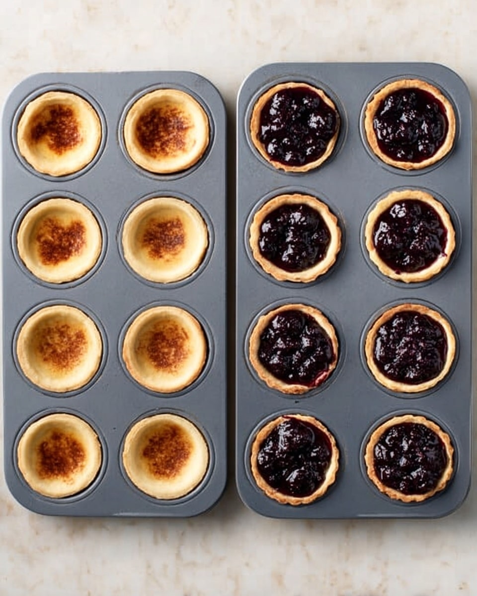 The image shows three gray muffin trays each holding six mini tarts over a white marbled surface. The left tray has six mini round tart bases with a light golden-brown color and a slightly browned, toasted top layer, showing a smooth texture. The middle tray shows six mini tart bases filled with a dark purple glossy fruit filling, evenly spread within each tart shell, with the other six slots in the tray empty. The right tray displays six mini tart bases filled with the same dark purple fruit filling, but the filling is thicker and more textured on top, as if baked further, with deeper browns and a textured, bubbly surface. Photo taken with an iphone --ar 4:5 --v 7