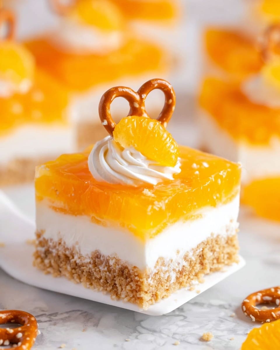 A square dessert bar with three clear layers is on a white spatula. The bottom layer is crumbly and light brown with small pieces, giving a rough texture. The middle layer is a thick white cream, smooth and fluffy. The top layer is bright orange, made of a jelly-like substance with mandarin orange slices inside it. On top of the dessert bar is a small white dollop of cream, topped with one mandarin orange segment and a small brown pretzel. The background is a bright white marbled surface with more pieces of the same dessert in soft focus. Photo taken with an iphone --ar 4:5 --v 7