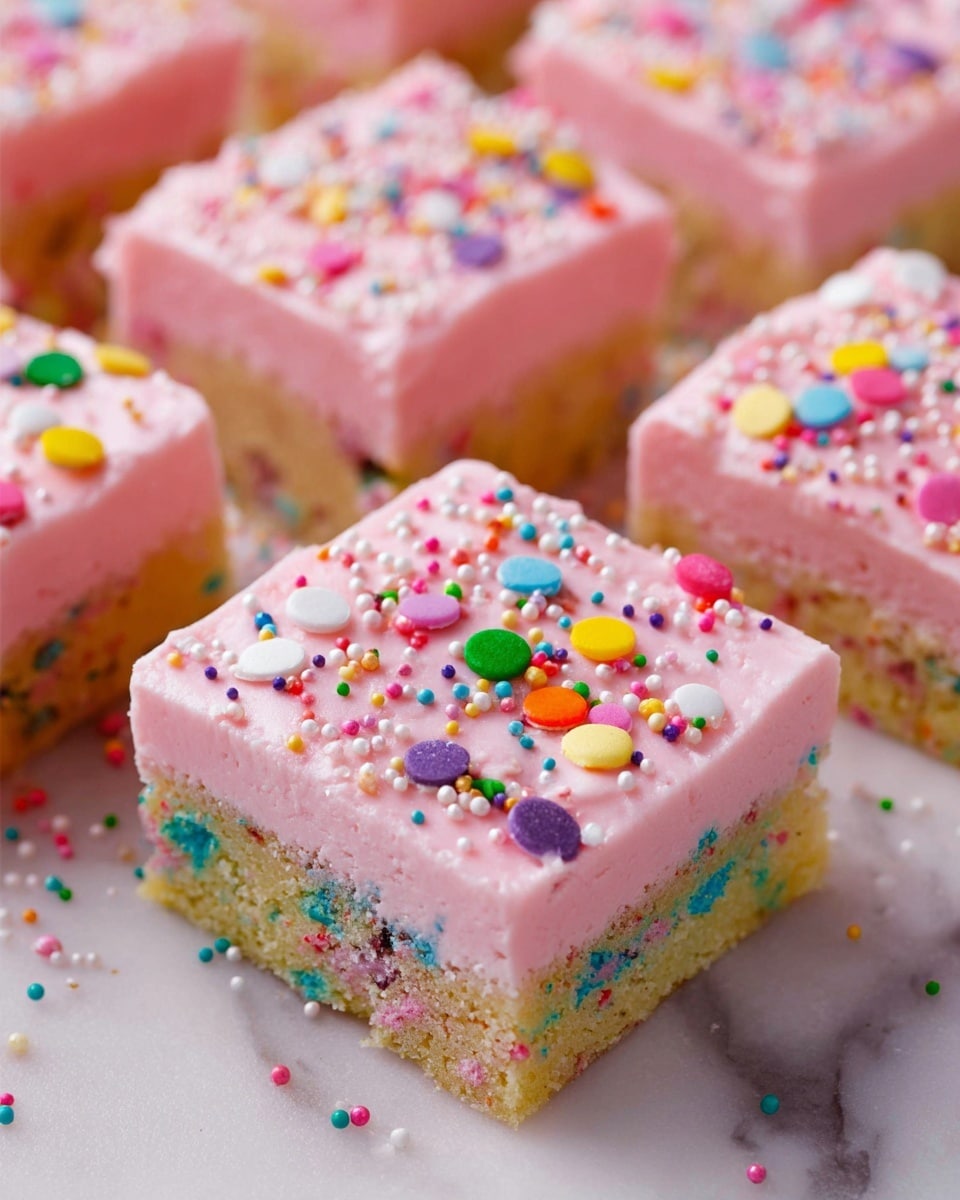The image shows several square pieces of a two-layer dessert on a white marbled surface. The bottom layer is a thick, dense cake with colorful sprinkles mixed inside, showing a yellowish texture with bright specks of blue, green, and red. The top layer is a thick, smooth, and light pink frosting, evenly spread with a creamy texture. On top of the frosting, there are various colorful round and tiny sprinkle decorations in shades of yellow, orange, purple, green, blue, white, and red, scattered generously. The pieces are neatly cut and arranged close together. photo taken with an iphone --ar 4:5 --v 7