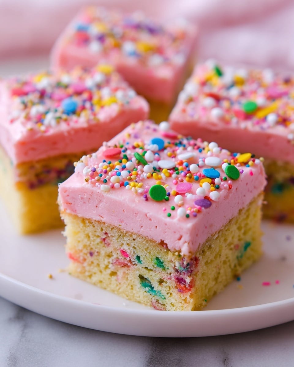 A close-up of small square cake pieces with two visible layers: the bottom layer is a light yellow cake with colorful sprinkles mixed inside, and the top layer is a thick, smooth pink frosting covered with a mix of small, round, bright-colored sprinkles and larger flat confetti sprinkles in various colors. The cake pieces sit on a white plate placed on a white marbled surface. Photo taken with an iphone --ar 4:5 --v 7