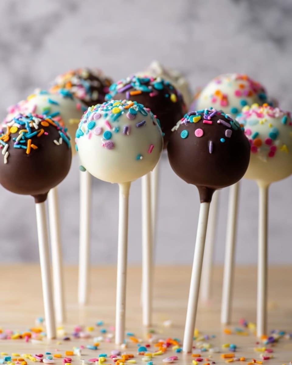 The image shows a group of cake pops standing upright on white sticks, arranged closely together on a light wood surface with a white marbled background. Each cake pop has a smooth round ball shape coated in either dark brown or white chocolate. The white chocolate cake pops are decorated with bright, colorful sprinkles in shades of blue, pink, green, yellow, orange, and purple, scattered evenly on top. The dark chocolate ones also have a few sprinkles but fewer than the white ones. Sprinkles are also scattered loosely around the base on the surface. The photo is taken at a close angle, focusing on the texture and color of the cake pops. photo taken with an iphone --ar 4:5 --v 7